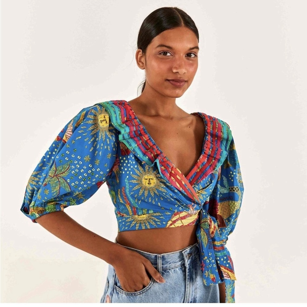 FARM Rio Ocean Blouse M Blue Multicolor Embroidered Puff Sleeve Wrap Crop Boho